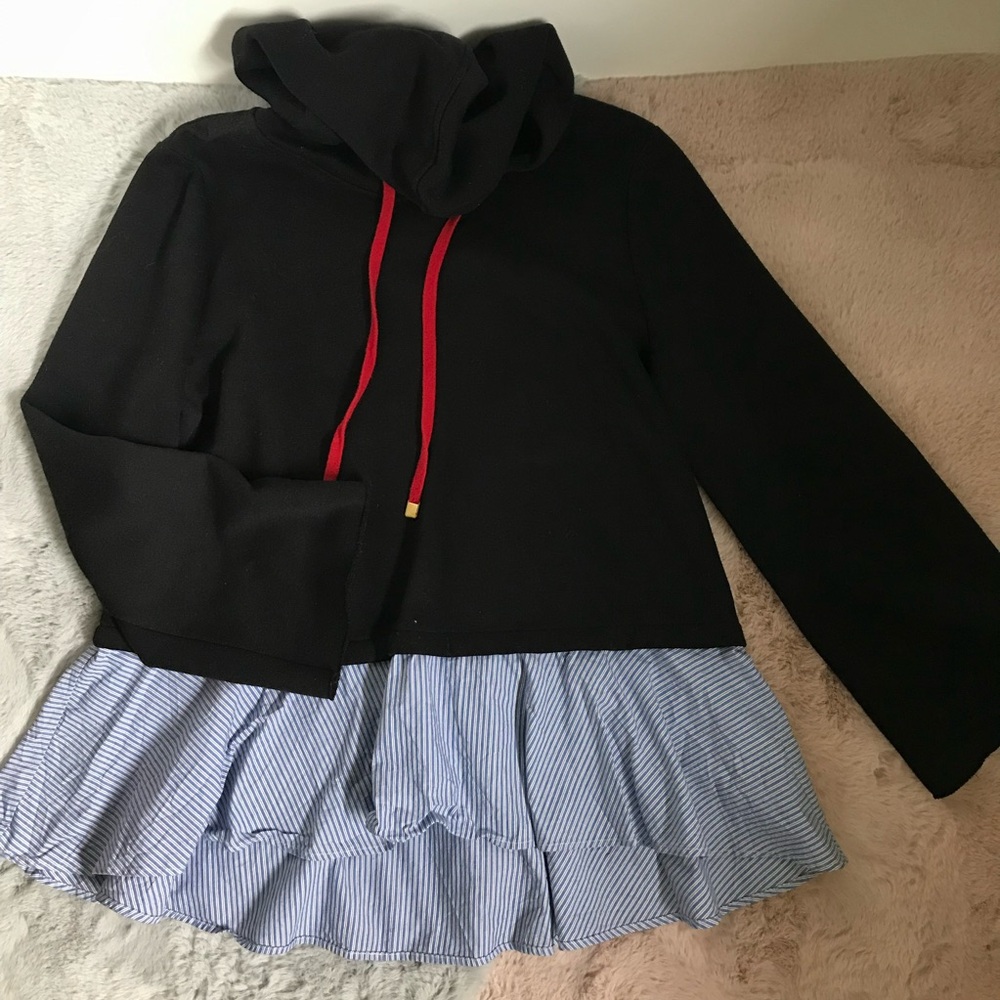 Kensie Black Cowl Neck Sweater with Red Drawstring and Blue Ruffle